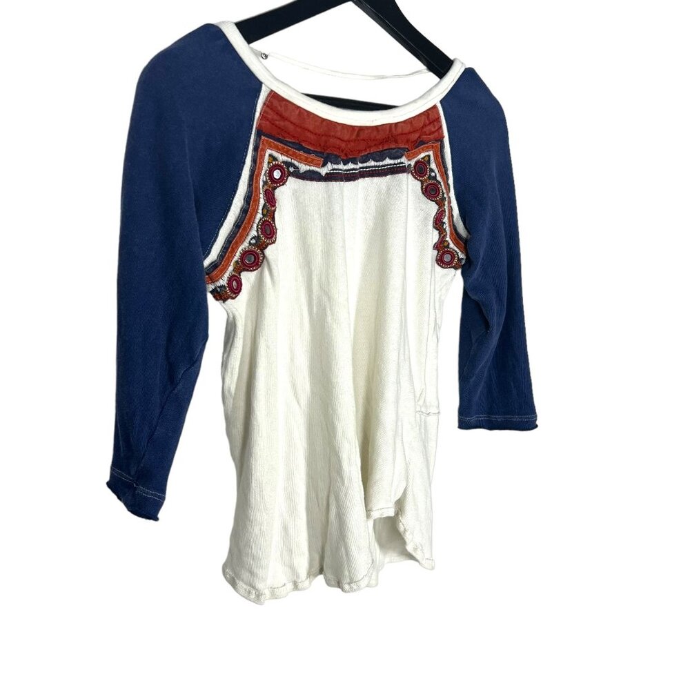 Free People White Blue Ragland Long Sleeve Top XS - Picture 2 of 8